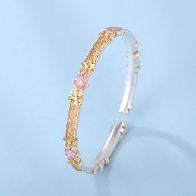 Pure Love Sterling Silver Cherry Blossoms Bangle Bracelet - Image 5