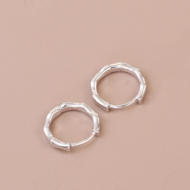 Simple Bamboo Sterling Silver Hoop Earrings Left