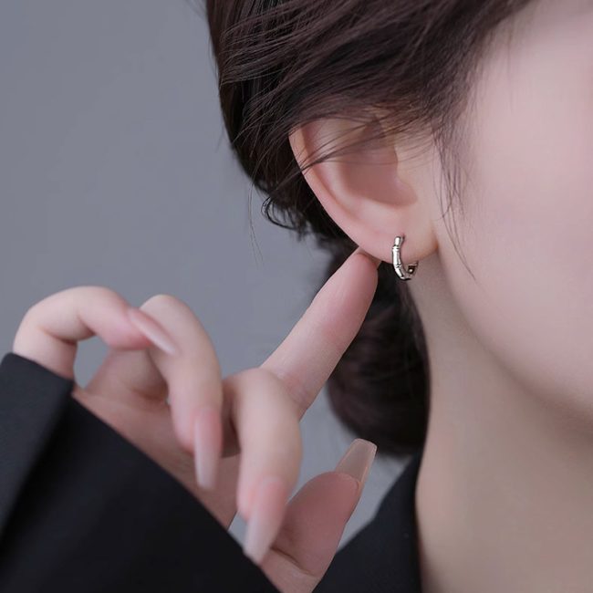 Simple Bamboo Sterling Silver Hoop Earrings for women