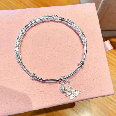 Butterfly solid 999 sterling silver bangles for women, butterfly pendant silver bangle for women, made of 9999 pure silver, weight about 30g