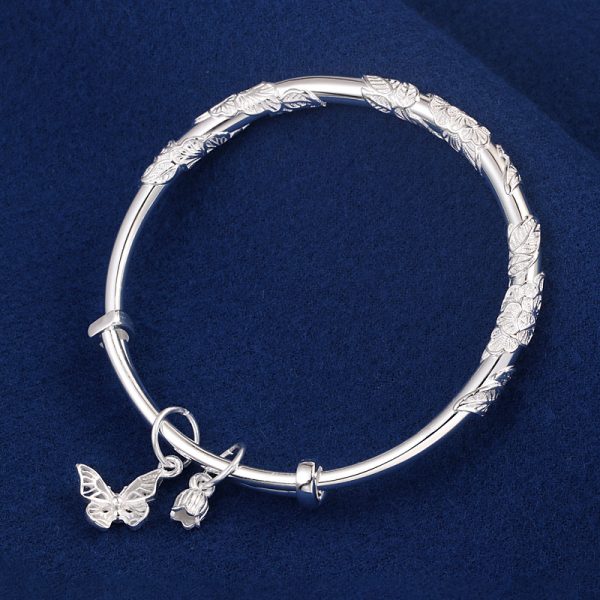 Solid 999 Sterling Silver Butterfly Bangle Bracelet, width is 5mm