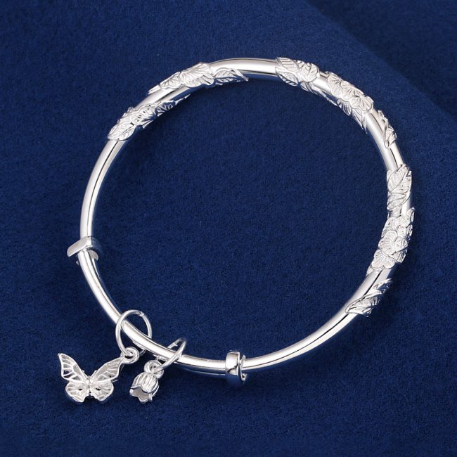 Solid 999 Sterling Silver Butterfly Bangle Bracelet, width is 5mm