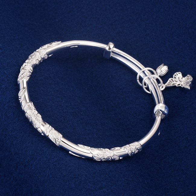 Solid 999 Sterling Silver Butterfly Bangle Bracelet, inner diameter about 57mm