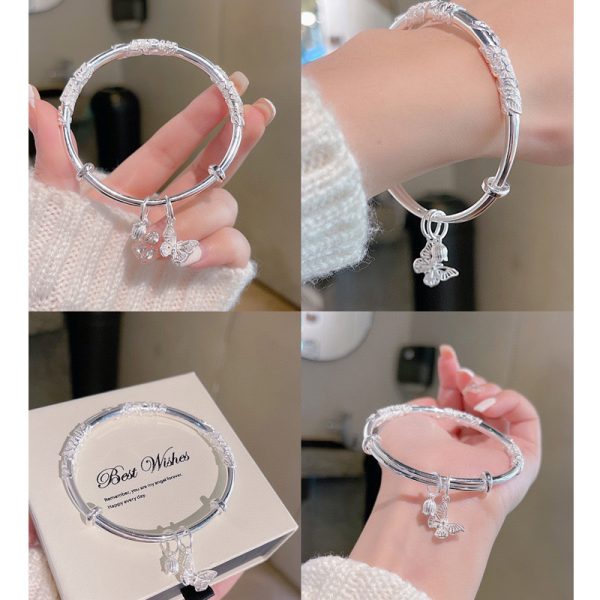 Solid 999 Sterling Silver Butterfly Bangle Bracelet, women wear view image