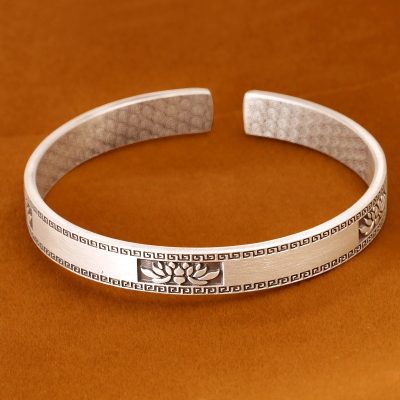 Retro lotus frosted solid 999 sterling silver bangles for women, high quality handmade of 999 sterling silver