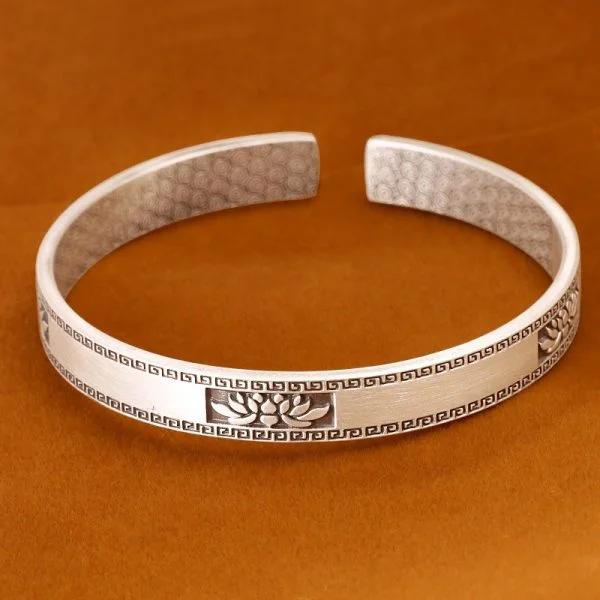 Retro lotus frosted solid 999 sterling silver bangles for women, high quality handmade of 999 sterling silver