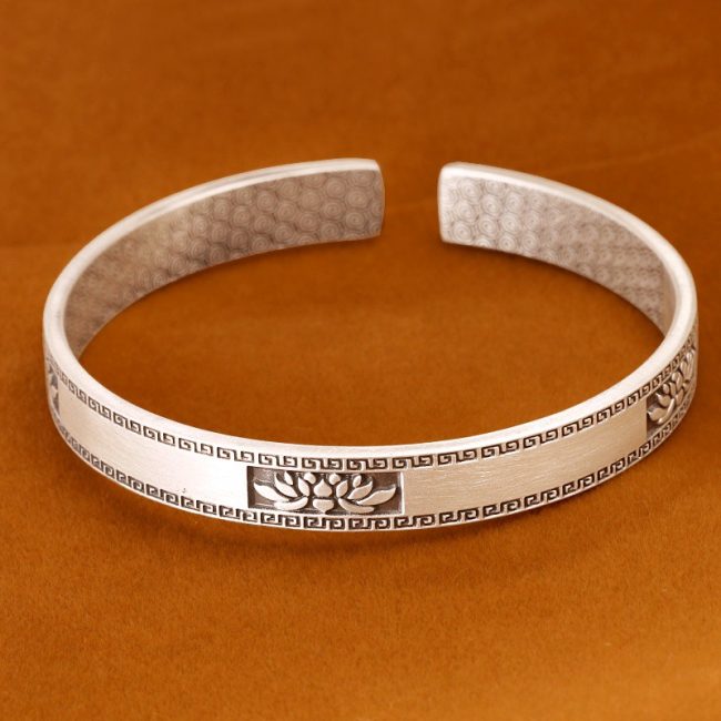 Retro lotus frosted solid 999 sterling silver bangles for women, high quality handmade of 999 sterling silver