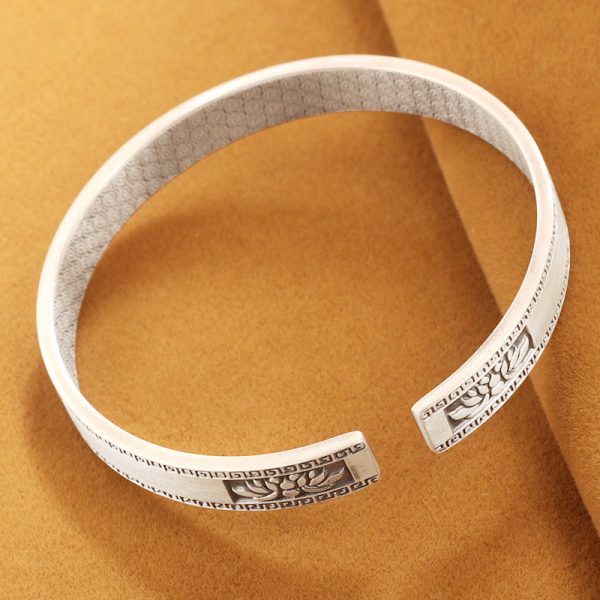 Solid 999 Sterling Silver Frosted Bangle With Retro Lotus, weight about 30.3g