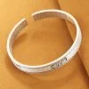 Solid 999 Sterling Silver Frosted Bangle With Retro Lotus, width 9mm,