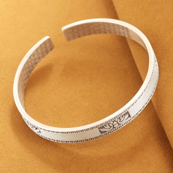 Solid 999 Sterling Silver Frosted Bangle With Retro Lotus, width 9mm,