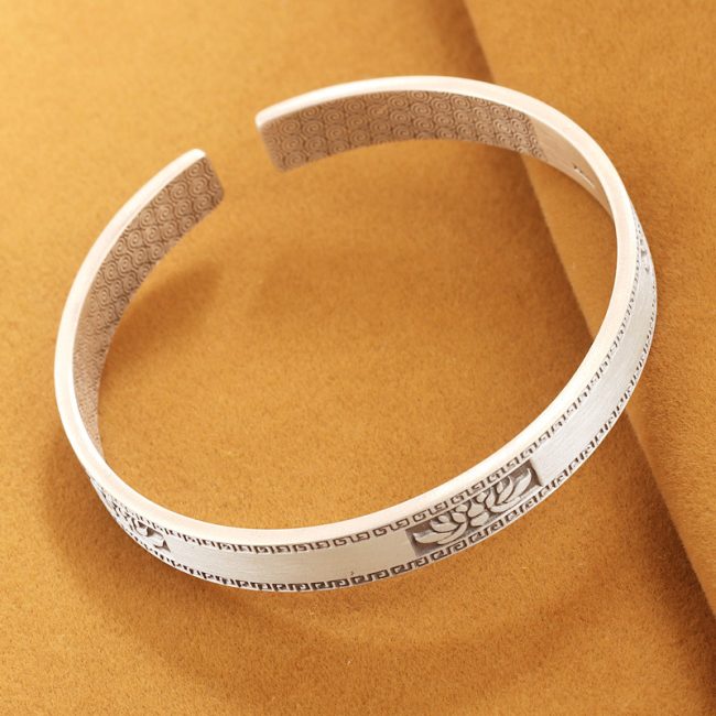 Solid 999 Sterling Silver Frosted Bangle With Retro Lotus, width 9mm,