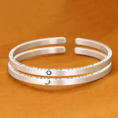 Solid 999 sterling silver bangles for women, frosted bangles with moon and sun, sun and moon are engraved on the surface of the bangle