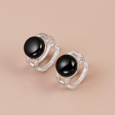 Black Onyx Sterling Silver Hoop Earrings with Rope Twist