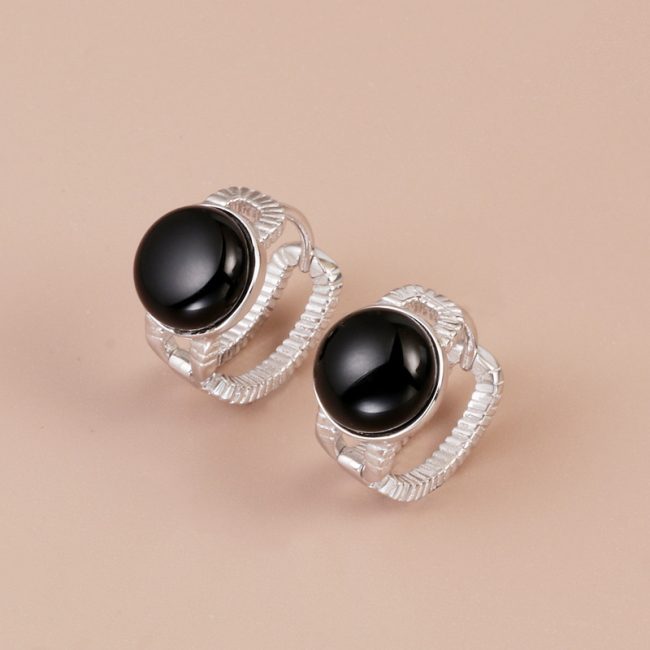 Black Onyx Sterling Silver Hoop Earrings with Rope Twist