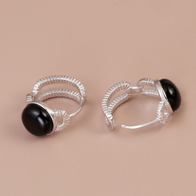 Black Onyx Sterling Silver Rope Twist Hoop Earrings for women