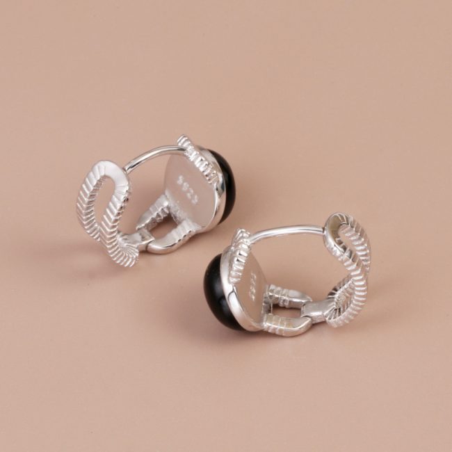 Black Onyx Sterling Silver Rope Twist Hoop Earrings for women