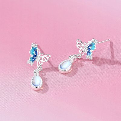 Butterfly and Moonstone Water Drop Silver Drop Earrings
