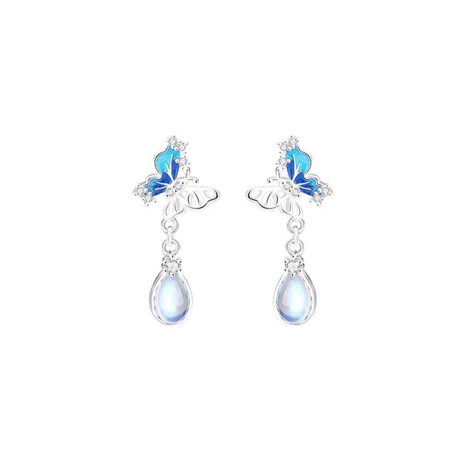 Butterfly and Moonstone Water Drop Silver Drop Earrings for women
