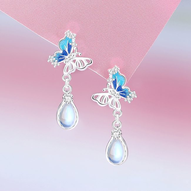 Butterfly and Moonstone Water Drop Silver Drop Earrings