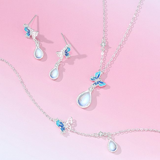 Butterfly and Moonstone Water Drop Silver Drop Earrings