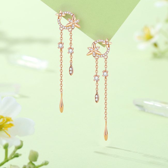 Picture of Flower Tassel Sterling Silver Drop Earrings For Women