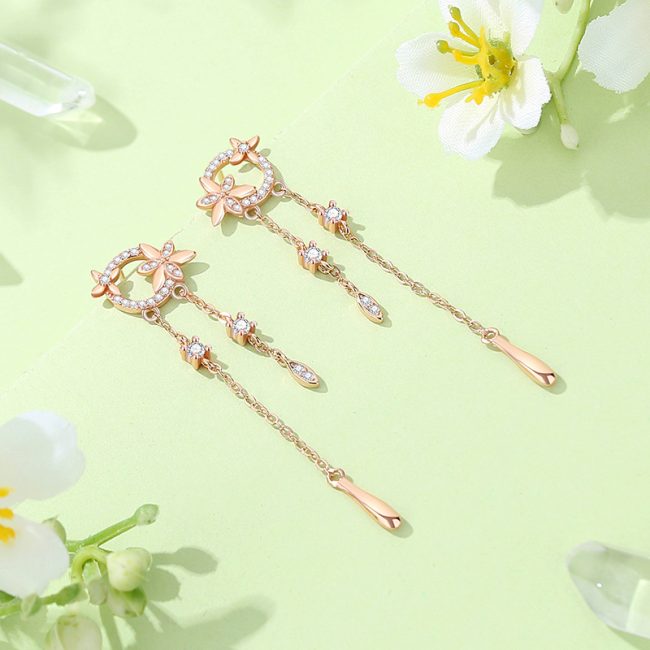picture of Flower Sterling Silver Tassel Drop Earrings For Women