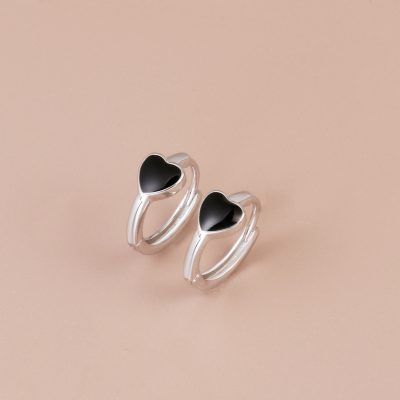 Heart Black Stone Silver Hoop Earrings For Women