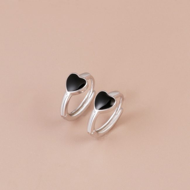 Heart Black Stone Silver Hoop Earrings For Women