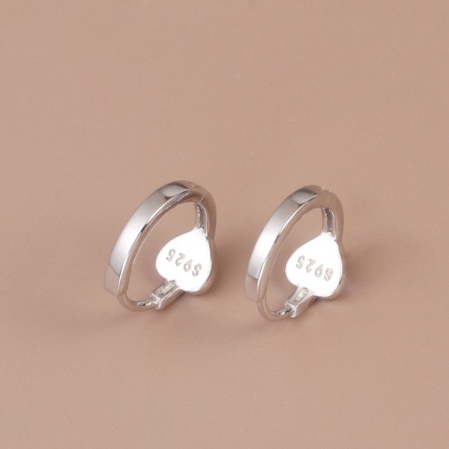 Heart Black Stone Silver Hoop Earrings For Women
