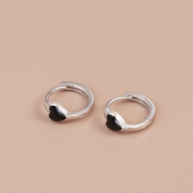 Heart Black Stone Silver Hoop Earrings For Women