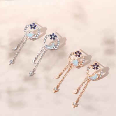 picture of Moon And Flower Silver Drop Earrings