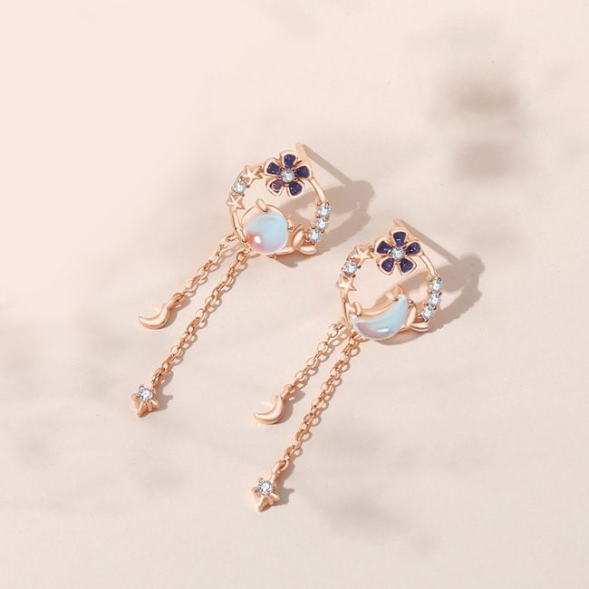 Moon And Flower Silver Drop Earrings for rose gold