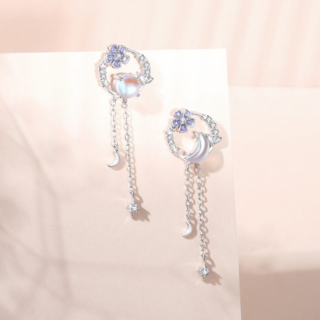 Moon And Flower Silver Drop Earrings for silver