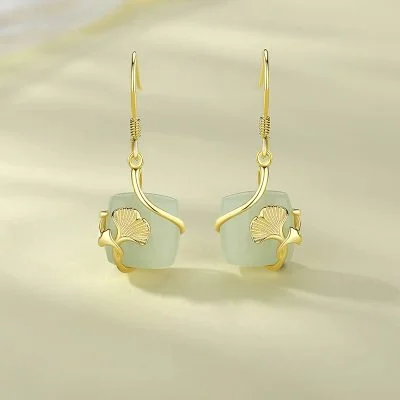 Natural Hetian Jade Sugar Cube Silver Drop Earrings