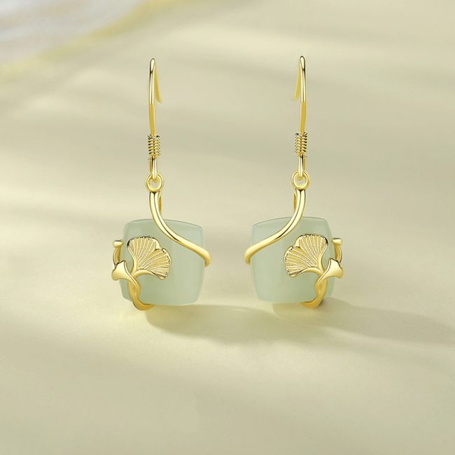 Natural Hetian Jade Sugar Cube Silver Drop Earrings