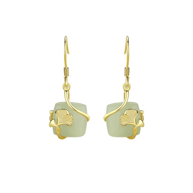 Natural Hetian Jade Sugar Cube Silver Drop Earrings