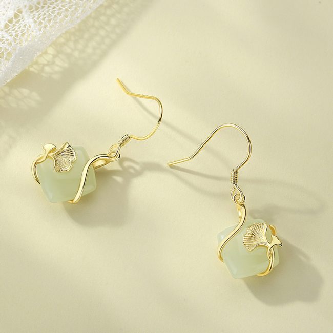 Natural Hetian Jade Sugar Cube Silver Drop Earrings
