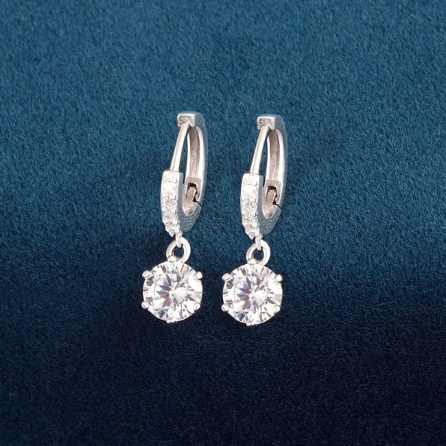 1CT Solitaire Diamond Drop Huggie Earrings Silver