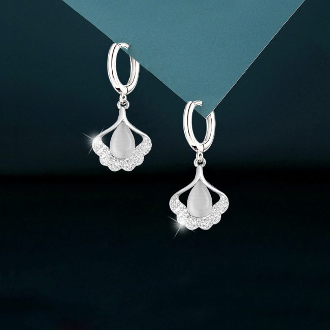 Cat Eye Stone & Ginkgo Leaf Earrings