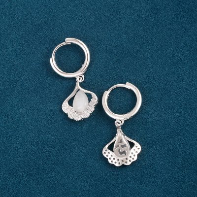 Cat Eye Stone & Ginkgo Leaf Earrings