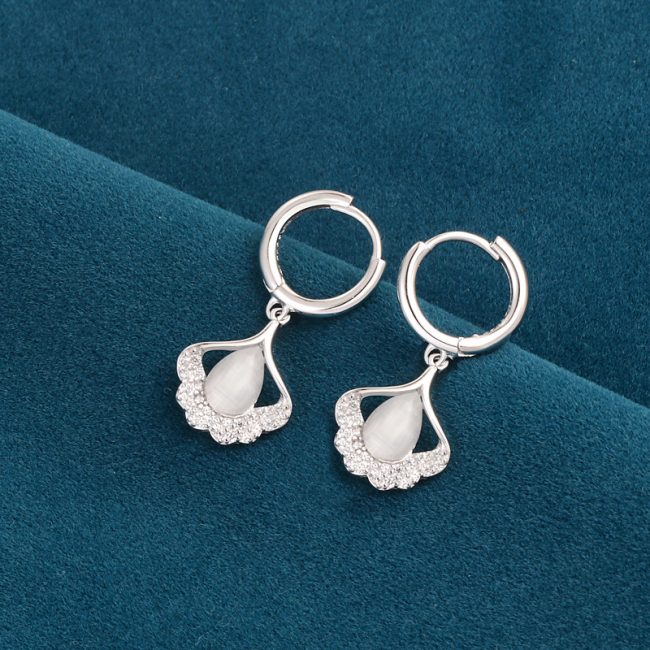 Cat Eye Stone & Ginkgo Leaf Earrings
