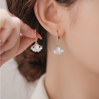 Cat Eye Stone & Silver Ginkgo Leaf Drop Earrings