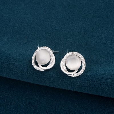 Silver Stud Earrings with Cats Eye Stone