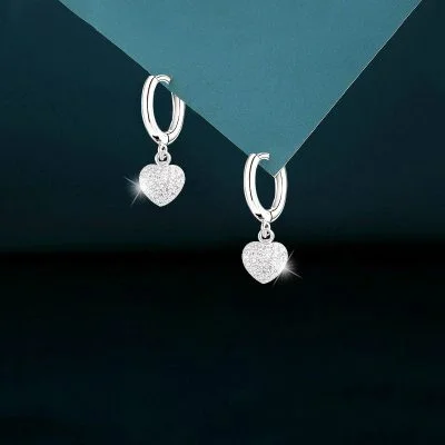 Diamond Heart Drop Earrings in Sterling Silver