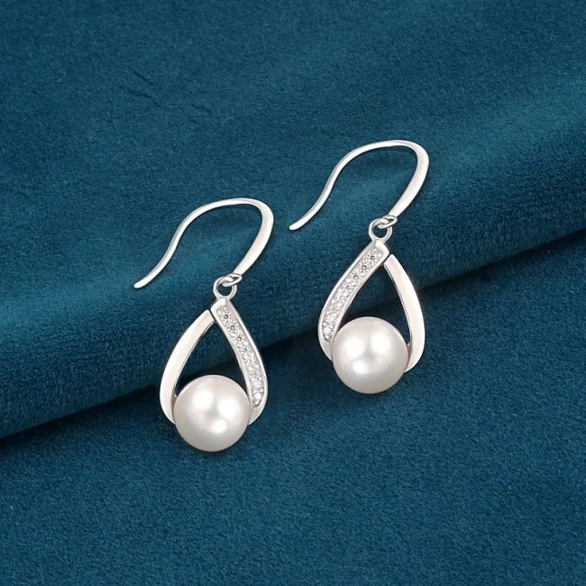 Diamond & Pearl Sterling Silver Water Drop Earrings
