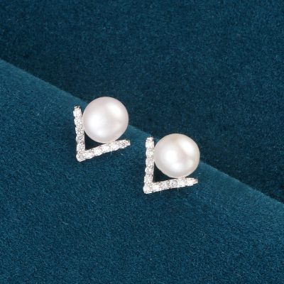 Pearl and Silver v Shaped Stud Earrings