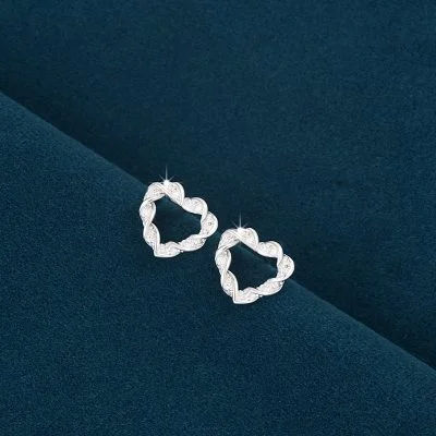 Silver Stud Earrings with Diamond Heart