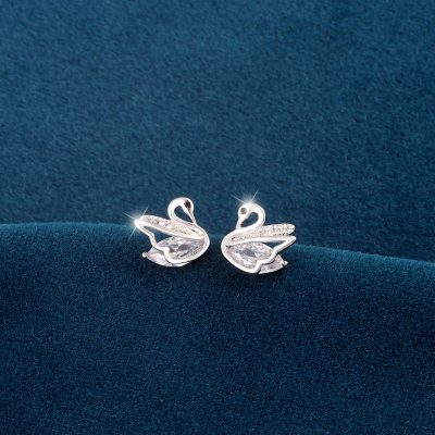 Silver Stud Earrings with Diamond Swan