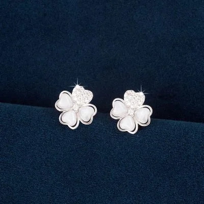 Silver Heart Shaped Diamond Four Leaf Clover Stud Earrings