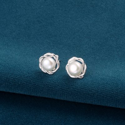 Silver Rose Flower and Pearl Stud Earrings
